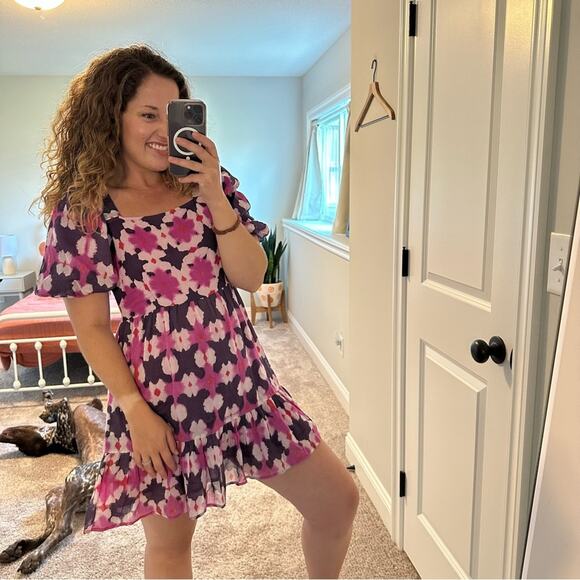 Banjanan Pink Purple Block Printed Ikat Cotton Square Neck Mini Dress Small - Picture 4 of 13